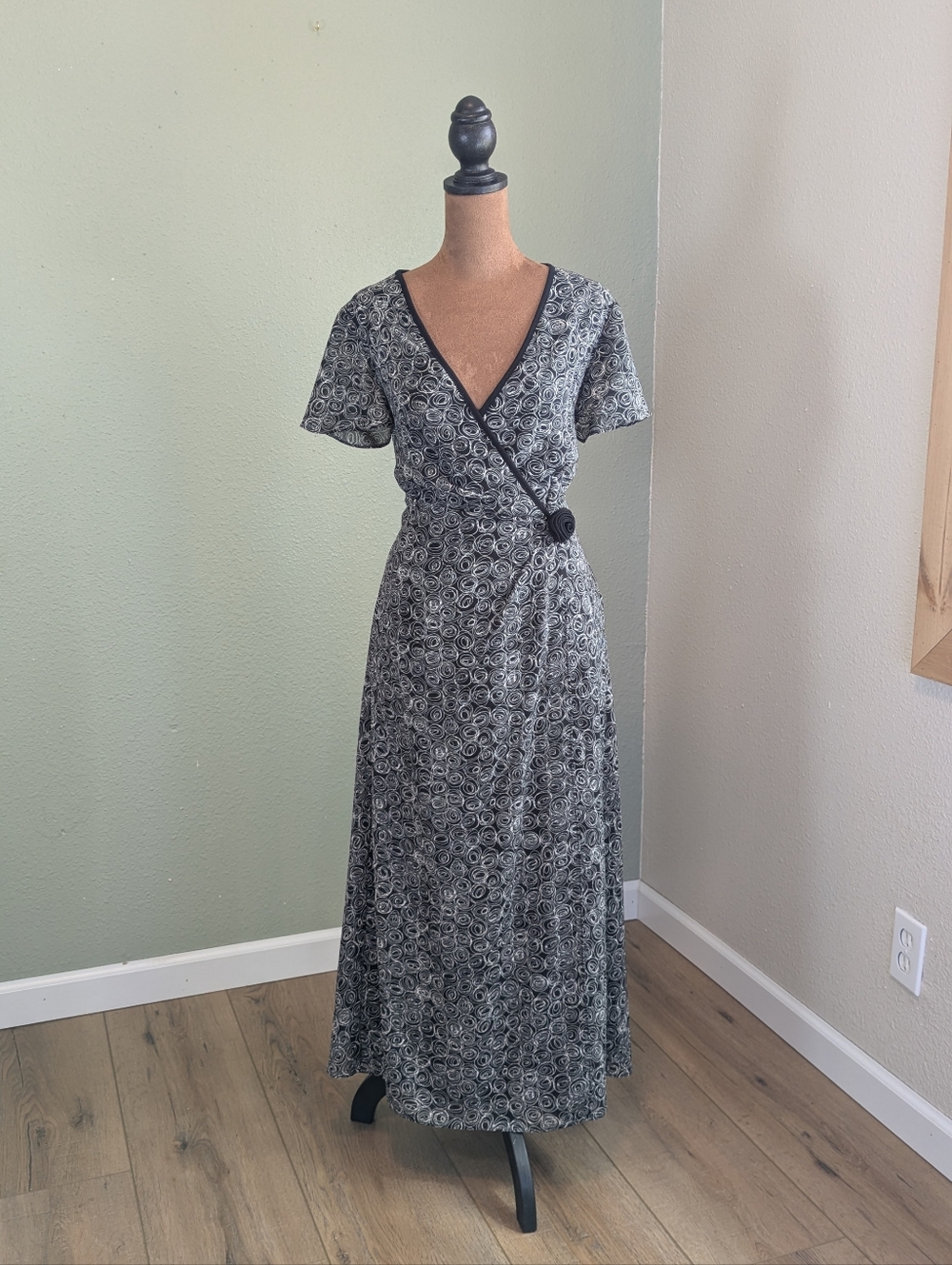 Vintage 90s Karin Stevens Rosette Wrap Maxi Dress